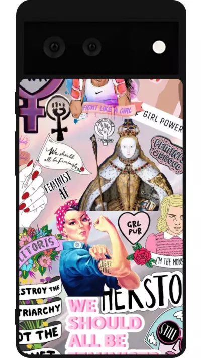 Coque Google Pixel 6 - Silicone rigide noir Girl Power Collage
