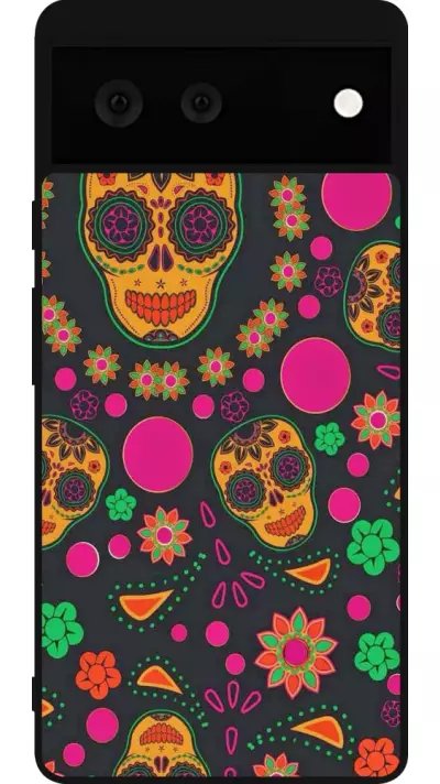 Coque Google Pixel 6 - Silicone rigide noir Halloween 22 colorful mexican skulls