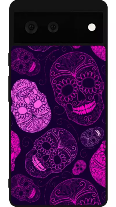 Coque Google Pixel 6 - Silicone rigide noir Halloween 2023 pink skulls