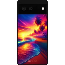 Coque Google Pixel 6 - Silicone rigide noir Plage coucher soleil flashy