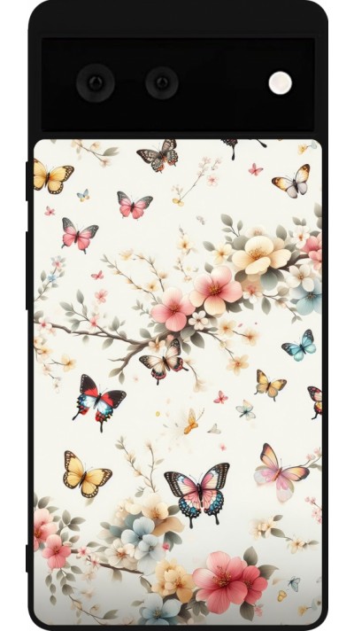 Coque Google Pixel 6 - Silicone rigide noir Spring 25 Papillons Légers