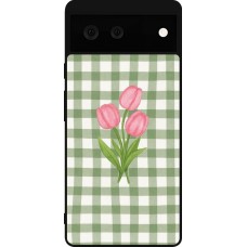 Coque Google Pixel 6 - Silicone rigide noir Green vichy tulips Spring 2026