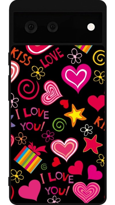 Coque Google Pixel 6 - Silicone rigide noir Valentine 2023 love symbols