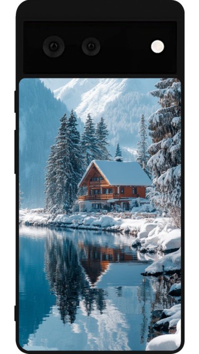 Coque Google Pixel 6 - Silicone rigide noir Winter 25 Winter house forest day