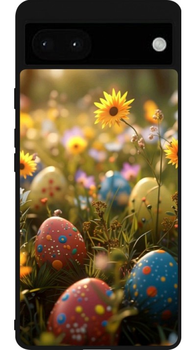 Coque Google Pixel 6a - Silicone rigide noir Easter 2026 Decorated eggs