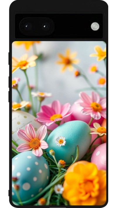 Coque Google Pixel 6a - Silicone rigide noir Easter 2026 Eggs with flowers