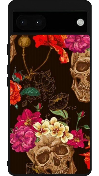 Coque Google Pixel 6a - Silicone rigide noir Skulls and flowers