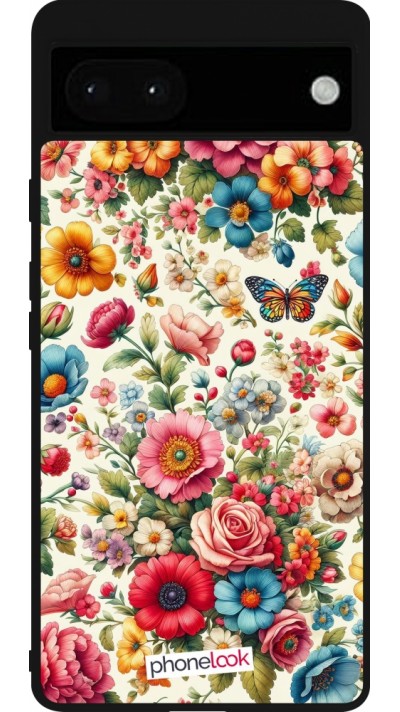 Coque Google Pixel 6a - Silicone rigide noir Spring 25 printemps fleuri