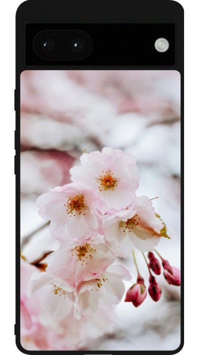 Coque Google Pixel 6a - Silicone rigide noir Cherry tree 2026