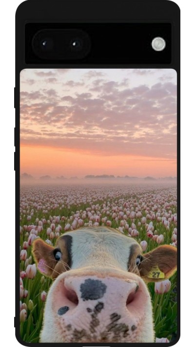 Coque Google Pixel 6a - Silicone rigide noir Cow with tulips 2026