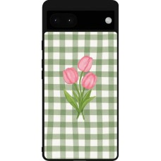 Coque Google Pixel 6a - Silicone rigide noir Green vichy tulips Spring 2026