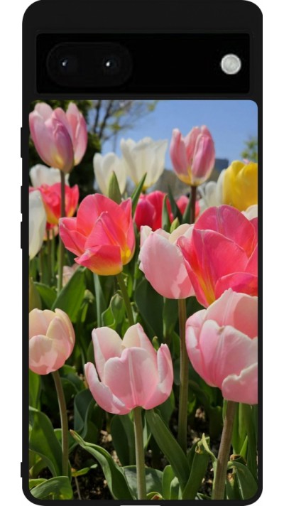 Coque Google Pixel 6a - Silicone rigide noir Tulips 2026