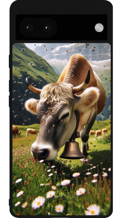 Coque Google Pixel 6a - Silicone rigide noir Vache montagne Valais