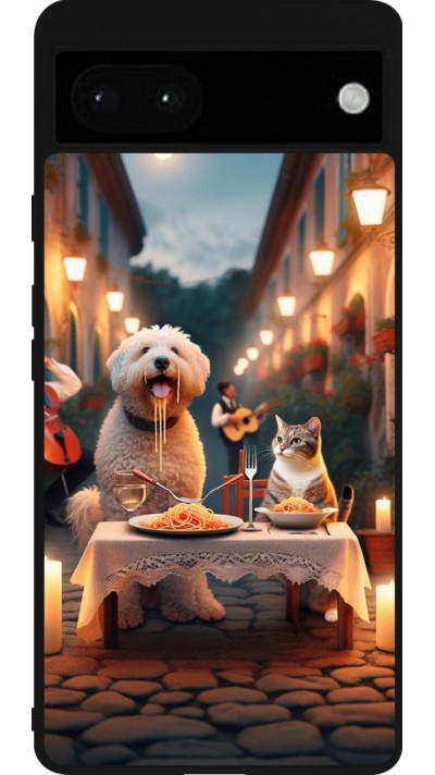 Coque Google Pixel 6a - Silicone rigide noir Valentine 2024 Dog & Cat Candlelight