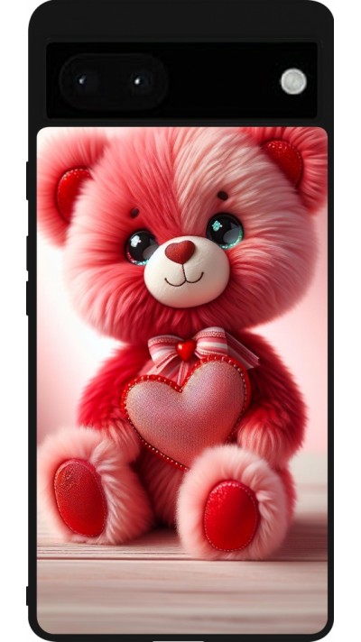 Coque Google Pixel 6a - Silicone rigide noir Valentine 2024 Ourson rose