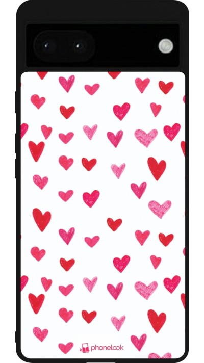 Coque Google Pixel 6a - Silicone rigide noir Valentine 2022 Many pink hearts