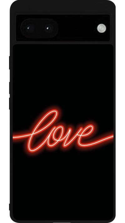 Coque Google Pixel 6a - Silicone rigide noir Valentine 2023 neon love