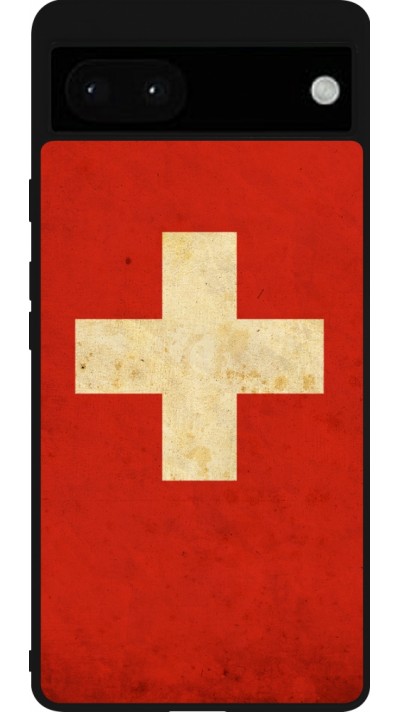 Coque Google Pixel 6a - Silicone rigide noir Vintage Flag SWISS