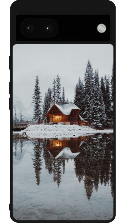 Coque Google Pixel 6a - Silicone rigide noir Winter 25 Winter house forest afternoon
