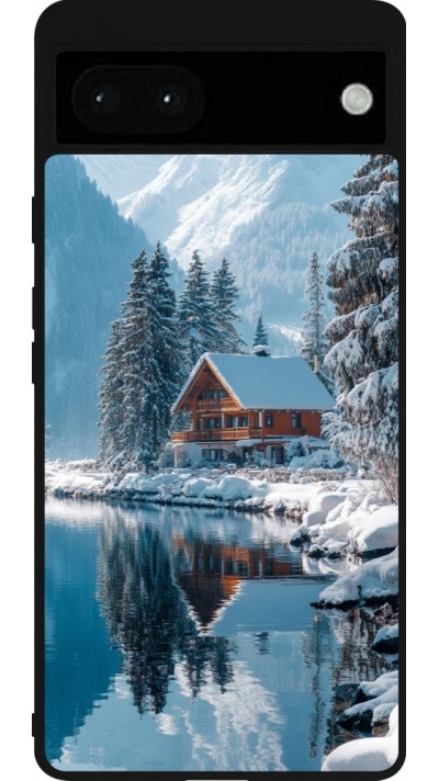 Coque Google Pixel 6a - Silicone rigide noir Winter 25 Winter house forest day