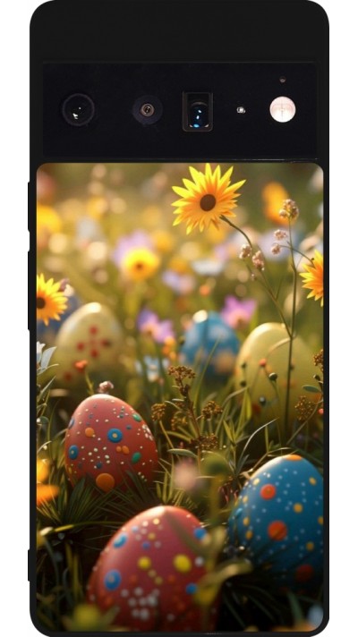 Coque Google Pixel 6 Pro - Silicone rigide noir Easter 2026 Decorated eggs