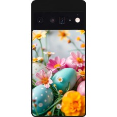 Coque Google Pixel 6 Pro - Silicone rigide noir Easter 2026 Eggs with flowers