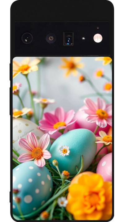 Coque Google Pixel 6 Pro - Silicone rigide noir Easter 2026 Eggs with flowers