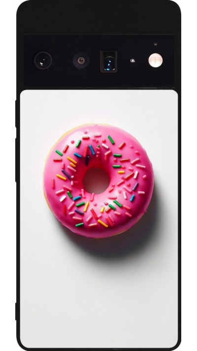 Google Pixel 6 Pro Case Hülle - Silikon schwarz Weisser Hintergrund, pinker Donut
