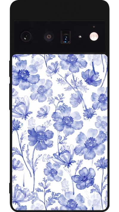 Coque Google Pixel 6 Pro - Silicone rigide noir Spring 23 watercolor blue flowers