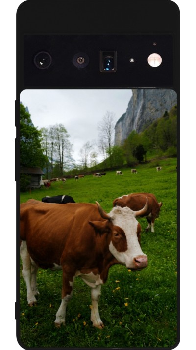 Coque Google Pixel 6 Pro - Silicone rigide noir Fête Nationale Suisse Vaches