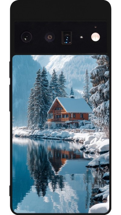 Coque Google Pixel 6 Pro - Silicone rigide noir Winter 25 Winter house forest day