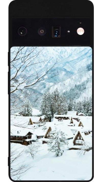 Coque Google Pixel 6 Pro - Silicone rigide noir Winter 25 Winter snowy landscape