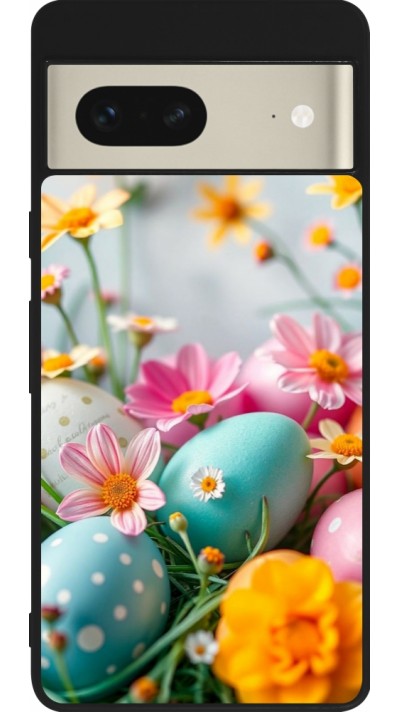 Coque Google Pixel 7 - Silicone rigide noir Easter 2026 Eggs with flowers