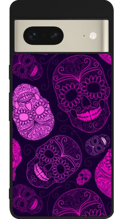 Coque Google Pixel 7 - Silicone rigide noir Halloween 2023 pink skulls