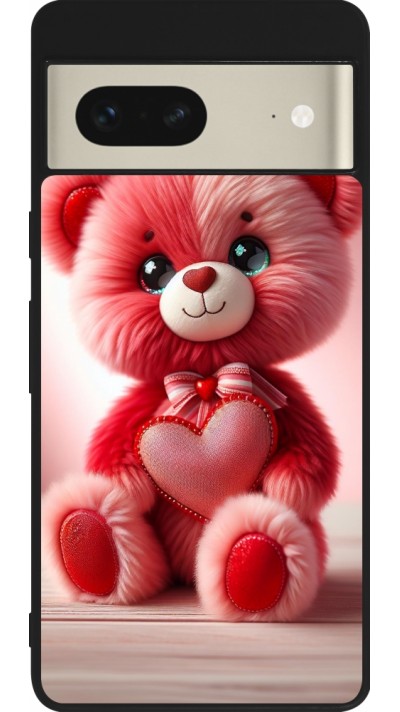 Coque Google Pixel 7 - Silicone rigide noir Valentine 2024 Ourson rose