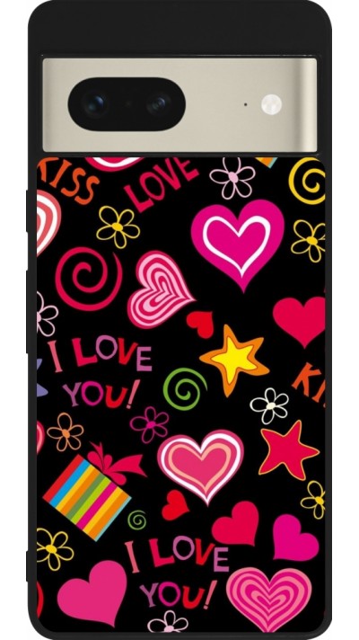 Coque Google Pixel 7 - Silicone rigide noir Valentine 2023 love symbols