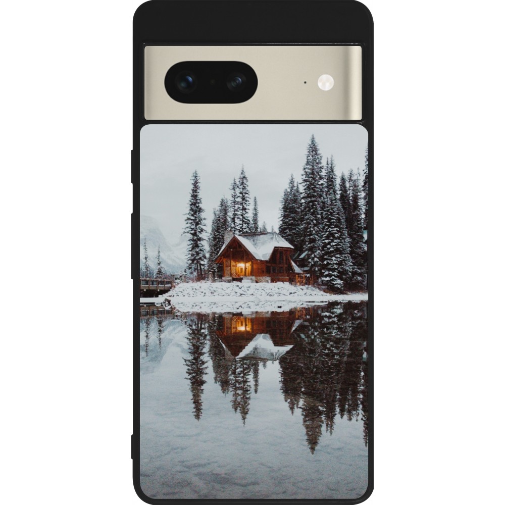 Coque Google Pixel 7 - Silicone rigide noir Winter 25 Winter house forest afternoon