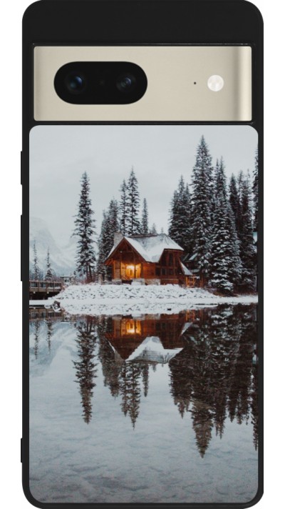 Coque Google Pixel 7 - Silicone rigide noir Winter 25 Winter house forest afternoon