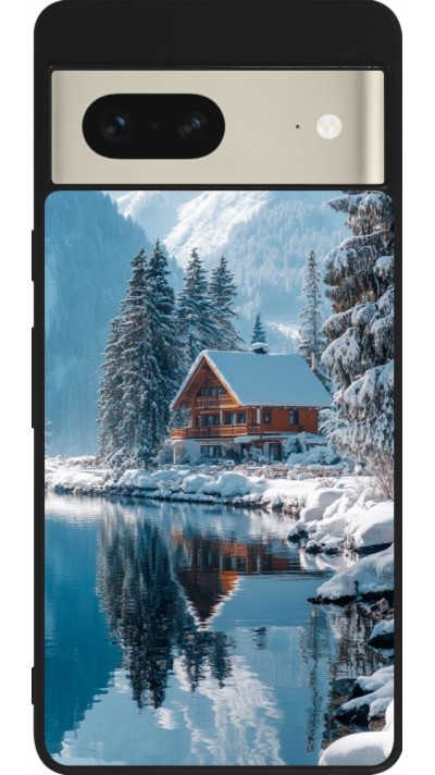 Coque Google Pixel 7 - Silicone rigide noir Winter 25 Winter house forest day