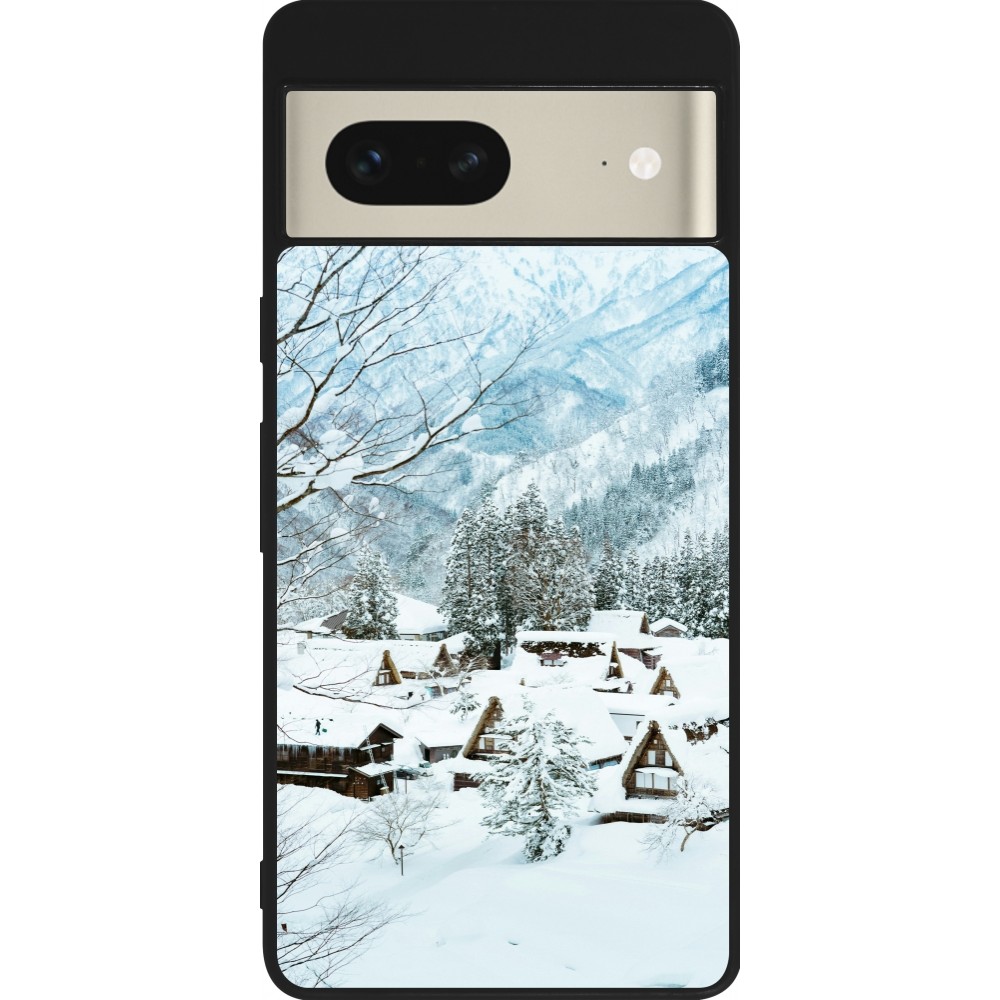 Coque Google Pixel 7 - Silicone rigide noir Winter 25 Winter snowy landscape