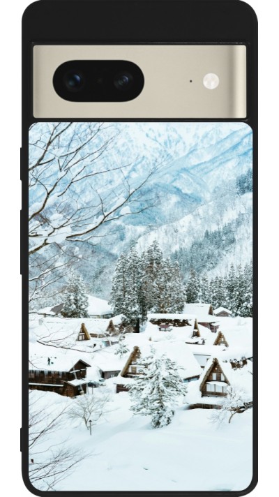 Coque Google Pixel 7 - Silicone rigide noir Winter 25 Winter snowy landscape