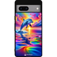 Coque Google Pixel 7a - Silicone rigide noir Dauphin arc-en-ciel heureux
