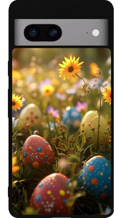 Coque Google Pixel 7a - Silicone rigide noir Easter 2026 Decorated eggs