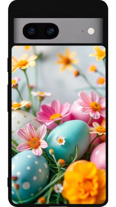 Coque Google Pixel 7a - Silicone rigide noir Easter 2026 Eggs with flowers