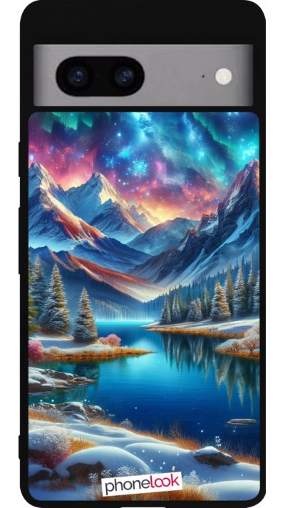 Coque Google Pixel 7a - Silicone rigide noir Fantasy Mountain Lake Sky Stars