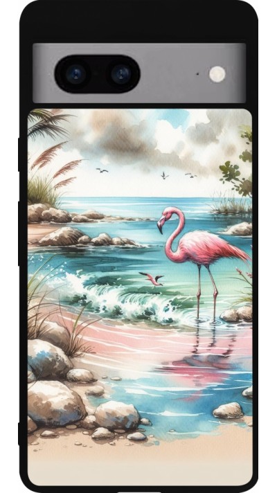 Coque Google Pixel 7a - Silicone rigide noir Flamant rose aquarelle