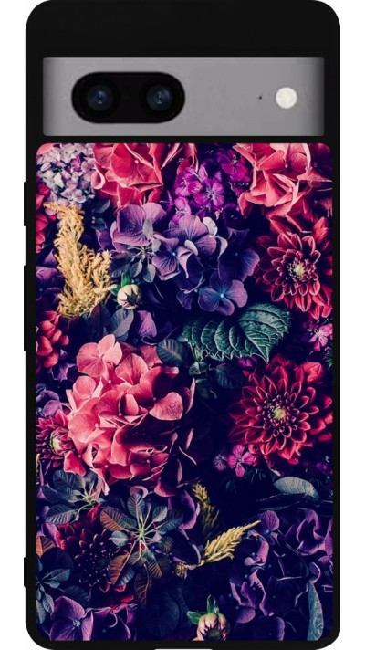 Coque Google Pixel 7a - Silicone rigide noir Flowers Dark