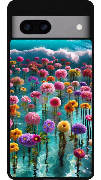 Coque Google Pixel 7a - Silicone rigide noir Flower sea waves