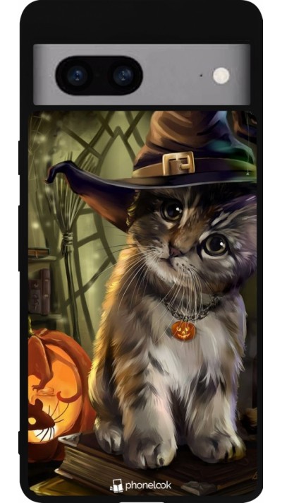 Coque Google Pixel 7a - Silicone rigide noir Halloween 21 Witch cat