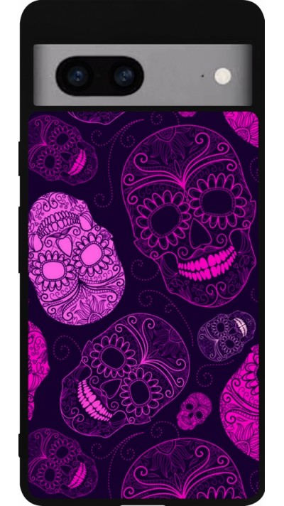 Coque Google Pixel 7a - Silicone rigide noir Halloween 2023 pink skulls